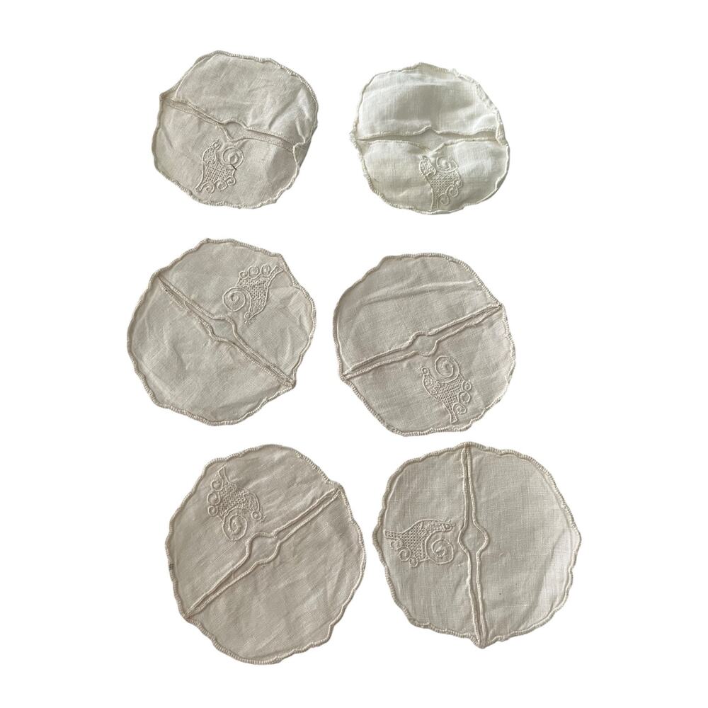 Set of 6 Vintage Glassware Coasters Linen Handmade Tatting Beige Farmhouse